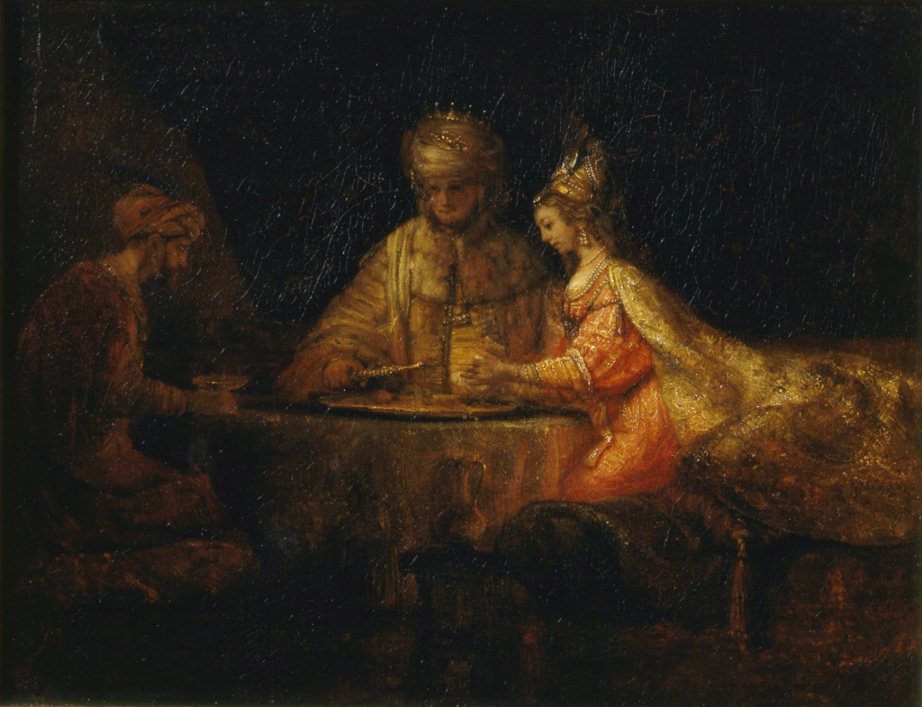 Rembrandt Harmensz. van Rijn: Haman and Ahasuerus visit Esther