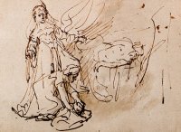 click for a larger version Rembrandt Harmensz. van Rijn: Holofernes' Head Being Put into the Bag